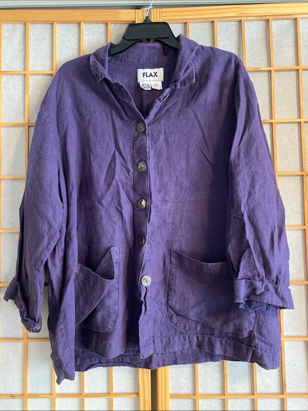 Flax Relaxed Button-Front Linen Jacket in Deep Purple